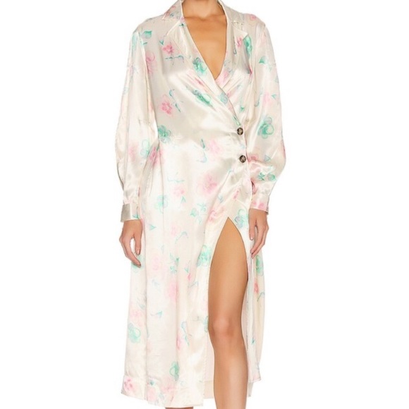 Ganni Dresses & Skirts - Ganni Satin Ivory Floral Wrap midi 19 Runway Dress